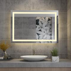LED Badspiegel Lichtspiegel mit Beleuchtung 3 Lichtfarbe Beschlagfrei mit Stecker Wandspiegel mit Touch-Schalter Kaltweiße/Neutrale/Warmweiße 90x60cm MID