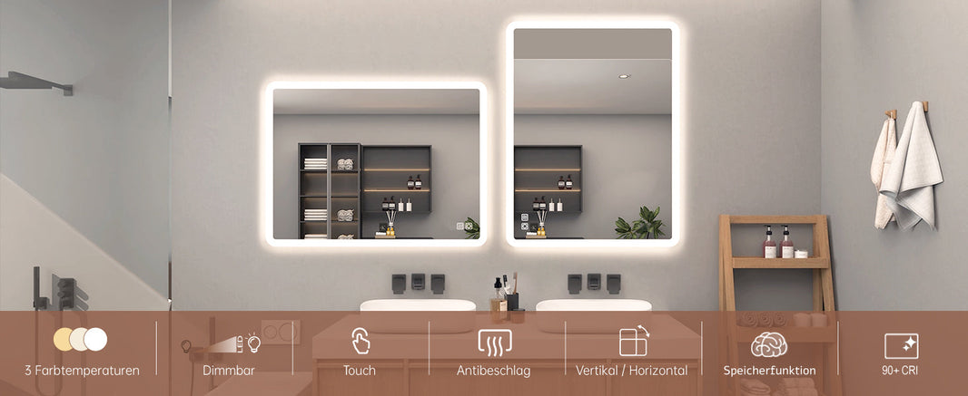 Badspiegel mit Dreifarbiges Licht LED Beleuchtung Antifogging Touch Wandspiegel