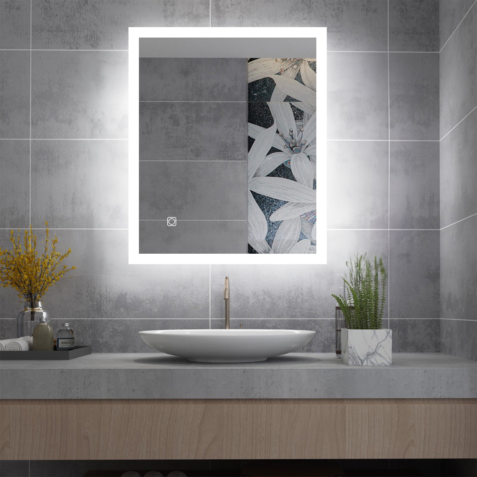 LED Badspiegel mit Beleuchtung Horizontal / Vertikal Badezimmerspiegel Kaltweiße Lichtspiegel  Rechteckig Touch 60x50/80x60cm MIBT