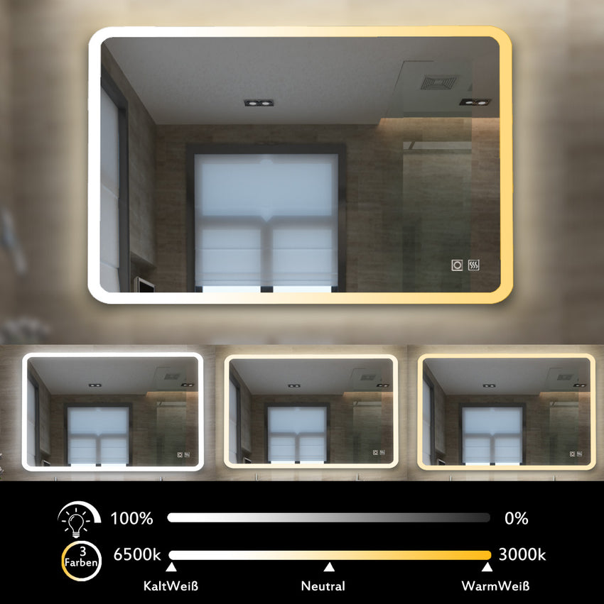 Rechteckig/Rund Badezimmerspiegel LED Badspiegel mit Beleuchtung 3 Lichtfarbe Lichtspiegel Wandspiegel mit Touch-Schalter beschlagfrei IP44 energiesparend 60 70 80 90 100cm