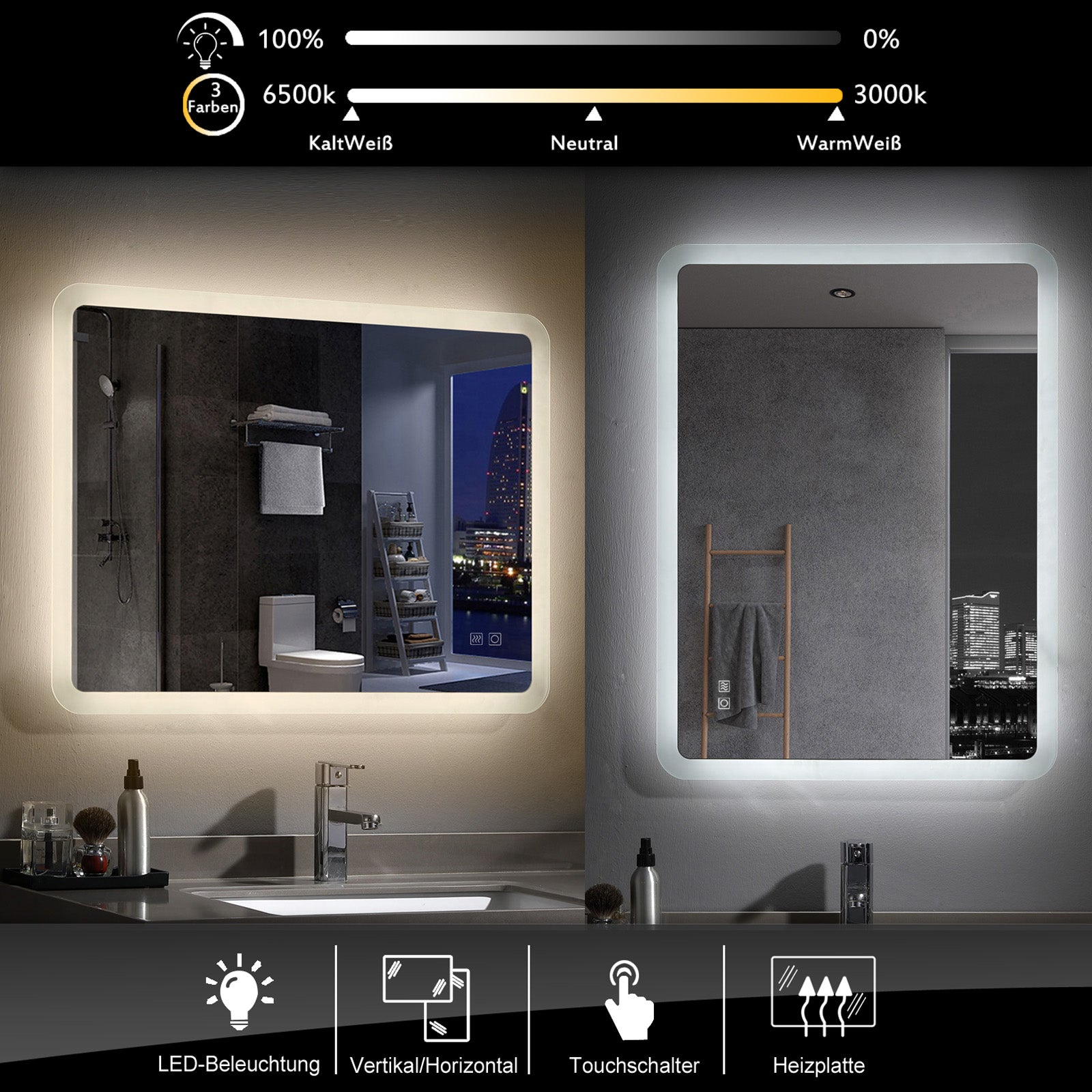Rechteckig/Rund Badezimmerspiegel LED Badspiegel mit Beleuchtung 3 Lichtfarbe Lichtspiegel Wandspiegel mit Touch-Schalter beschlagfrei IP44 energiesparend 60 70 80 90 100cm