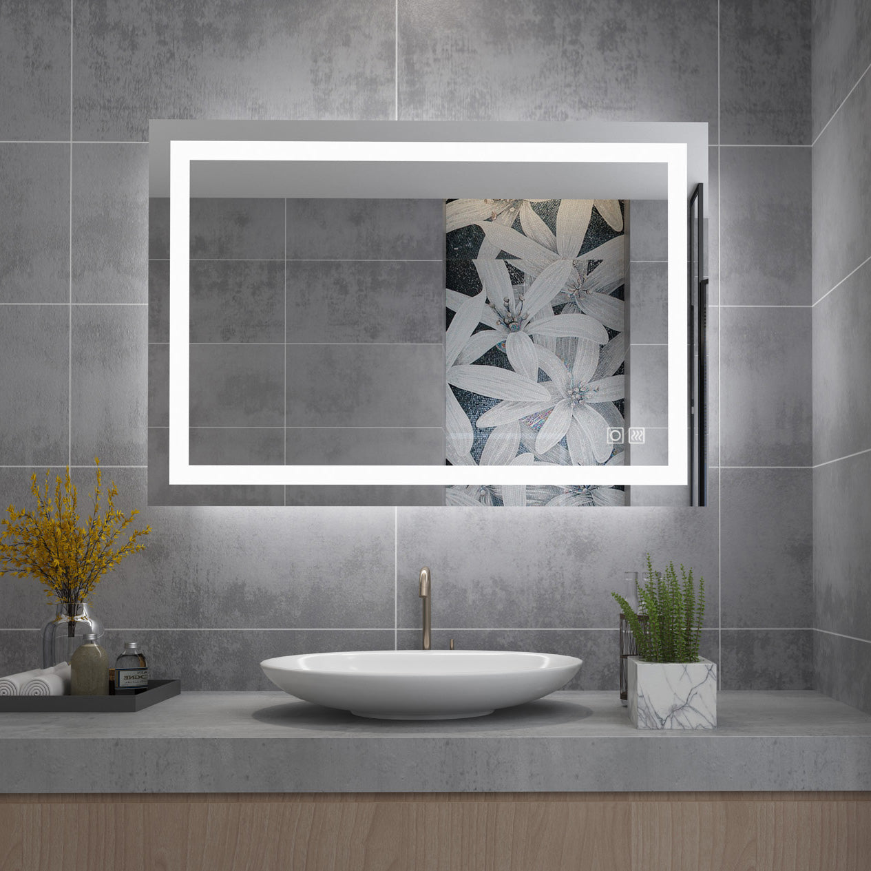LM24 Badspiegel mit Beleuchtung, Wandspiegel, horizontal aufgehängt, mit  goldenem Aluminiumrahmen